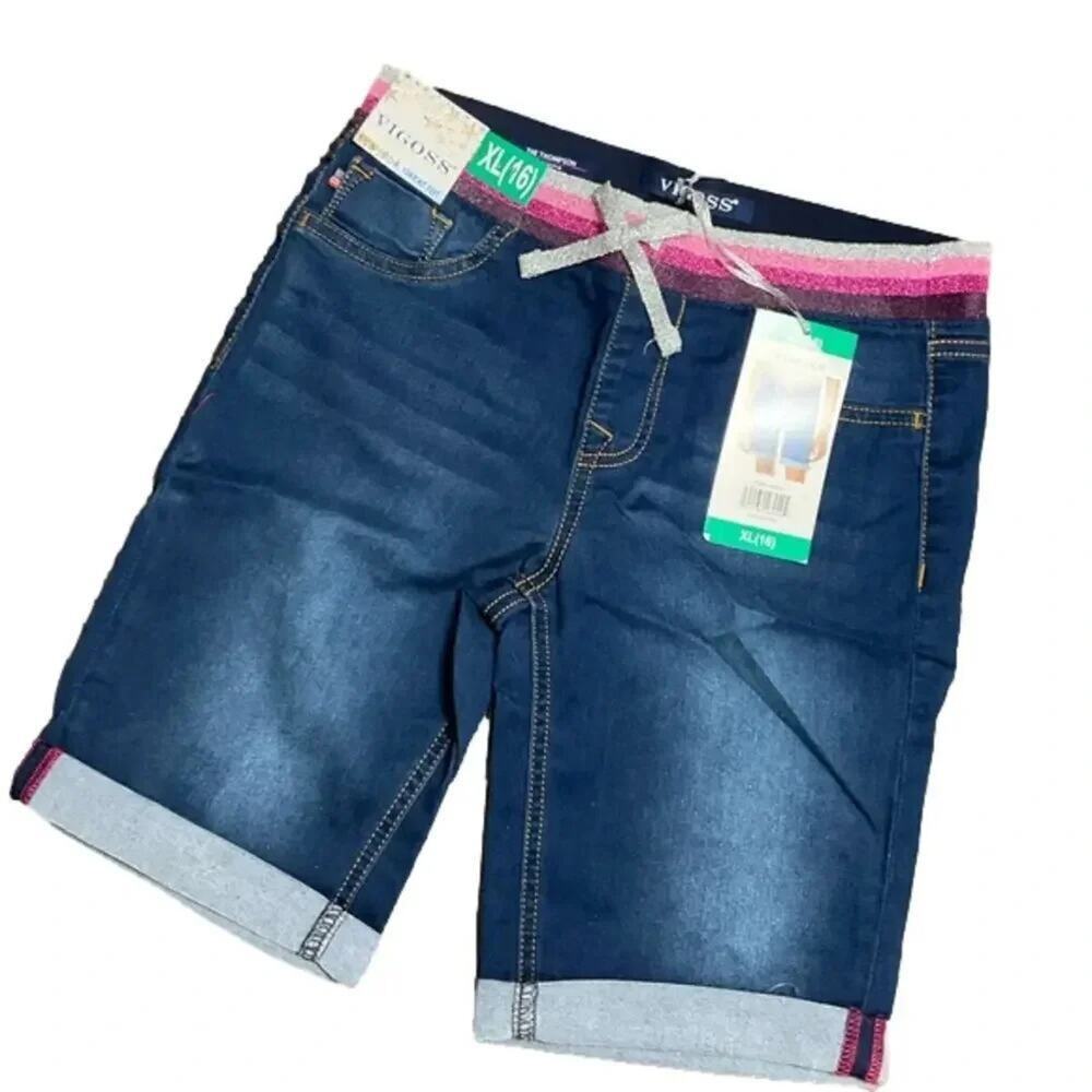 Vigoss Girls Jean Shorts Bermuda Cuff Rainbow Waistband Dark Blue XL NWT